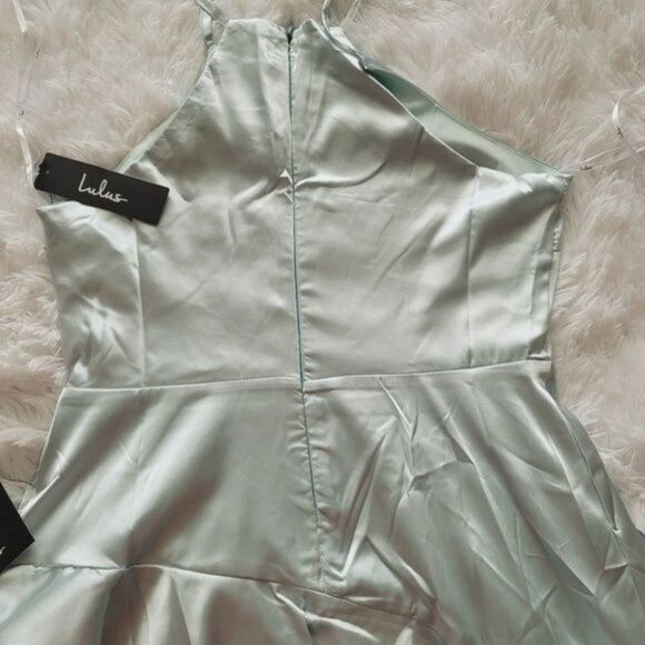 Lulus Mint Blue Satin Tiered Asymmetrical Midi Dress - Picture 2 of 14